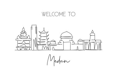 Medan şehrinin silueti, Endonezya. Ünlü şehir kazıyıcısı ve peyzaj posta kartı baskısı. Dünya seyahati kavramı. Düzenlenebilir vuruş modern bir çizgi çizim vektör çizimi illüstrasyonu