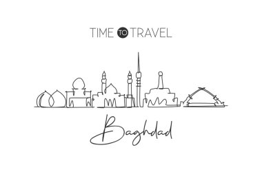 Bağdat şehir siluetinin aralıksız çizimi, Irak. Güzel şehir simgesi. Dünya turizmi ve seyahat tatili. Düzenlenebilir stil tek çizgi tasarım vektörü grafik çizimi