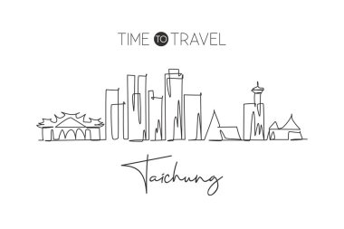 Tayvan 'ın Taichung şehrinin siluetinin aralıksız bir çizimi. Güzel dönüm noktası. Dünya turizmi ve seyahat tatili. Düzenlenebilir tek çizgi çizimi tasarım vektörü illüstrasyonuName