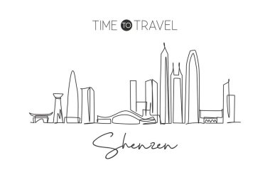 Tek sıra halinde Shenzhen şehrinin siluetini çiziyor, Çin. Ünlü şehir kazıyıcısı ve peyzaj ev dekoru poster baskısı. Dünya seyahati kavramı. Modern bir çizgi çizimi tasarım vektörü çizimi