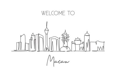 Macau şehrinin ufuk çizgisi, Çin. Dünyanın tarihsel şehir manzarası. En iyi tatil yeri. Düzenlenebilir vuruş eğilimi sürekli çizgi tasarım çizimi grafik çizimi illüstrasyonu