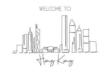 Çin 'in Hong Kong şehrinin siluetinin tek bir çizgisi. Tarihi şehir manzarası, ev dekorasyonu, poster baskısı. En iyi tatil yeri. Moda sürekli çizgi çizimi tasarım vektörü illüstrasyonu
