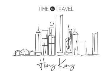 Çin 'in Hong Kong şehrinin siluetinin aralıksız bir çizimi. Güzel bir duvar dekoru poster baskısı. Dünya manzara turizmi tatili. Tek çizgi çizimi tasarım vektörü illüstrasyonu