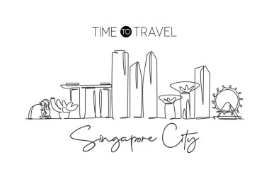 Singapur şehrinin siluetinin aralıksız çizimi. Güzel dönüm noktası. Dünya peyzaj turizmi ve seyahat tatili afişi baskısı. Düzenlenebilir tek çizgi çizimi tasarım vektörü illüstrasyonuName