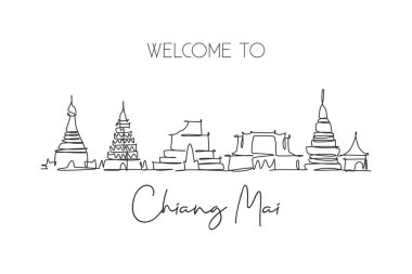 Tayland 'da Chiang Mai şehrinin siluetinin aralıksız çizimi. Ünlü şehir manzarası. Dünya seyahati konsepti ev dekorasyonu poster resimleri. Modern bir çizgi çizimi tasarım vektörü çizimi