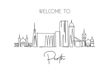 Avustralya 'nın Perth şehrinin siluetinin tek bir çizgisi. Tarihi kasaba manzarası. Tatil için en iyi ev dekorasyonu duvar posterinin baskısı. Moda sürekli çizgi çizimi tasarım vektörü illüstrasyonu