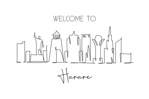 Single Continuous Line Drawing Harare City Skyline Zimbabwe Famous City — Stock Vector