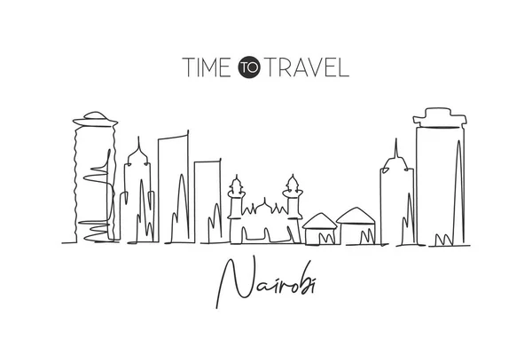 Una Línea Continua Dibujando Horizonte Ciudad Nairobi Kenia Hermosa Postal — Vector de stock