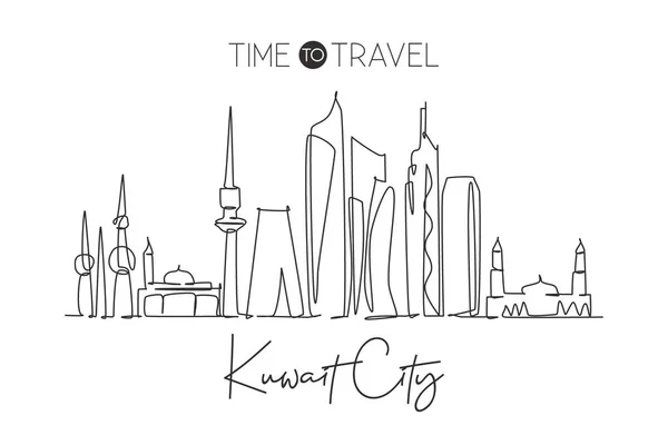 One Continuous Line Drawing Kuwait City Skyline Kuwait Beautiful City — Stock Vector