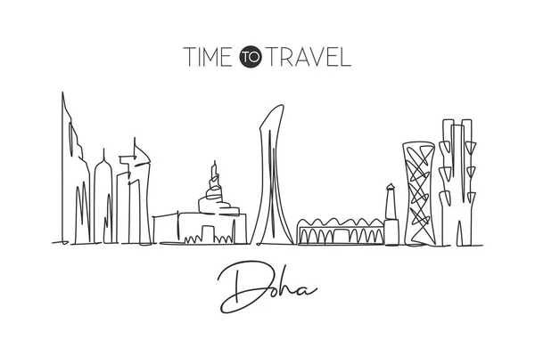 Una Sola Línea Dibujo Del Horizonte Ciudad Doha Qatar Paisaje — Vector de stock