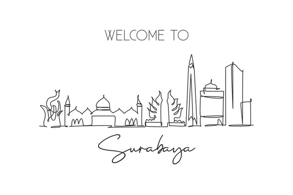 Disegno Singola Linea Surabaya Città Skyline Indonesia Storico Paesaggio Città — Vettoriale Stock