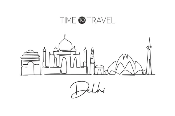 Dibujo Línea Continua Única Del Horizonte Delhi India Famosa Ciudad — Vector de stock