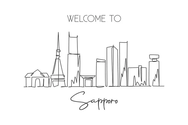 Dibujo Línea Continua Única Del Horizonte Ciudad Sapporo Japón Famosa — Vector de stock