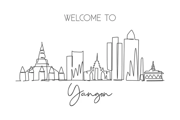 Una Sola Línea Dibujo Ciudad Yangon Skyline Myanmar Paisaje Histórico — Vector de stock