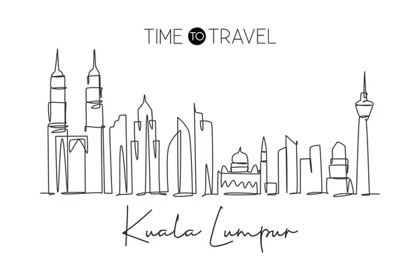 Dibujo Línea Continua Única Del Horizonte Ciudad Kuala Lumpur Malasia — Vector de stock