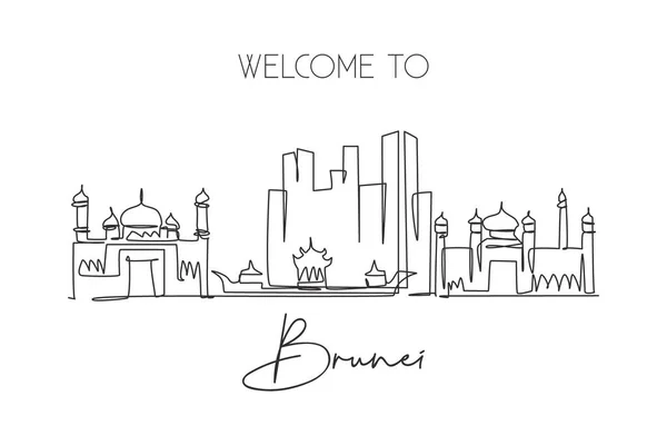 Uma Única Linha Desenho Horizonte Cidade Bandar Seri Begawan Brunei — Vetor de Stock