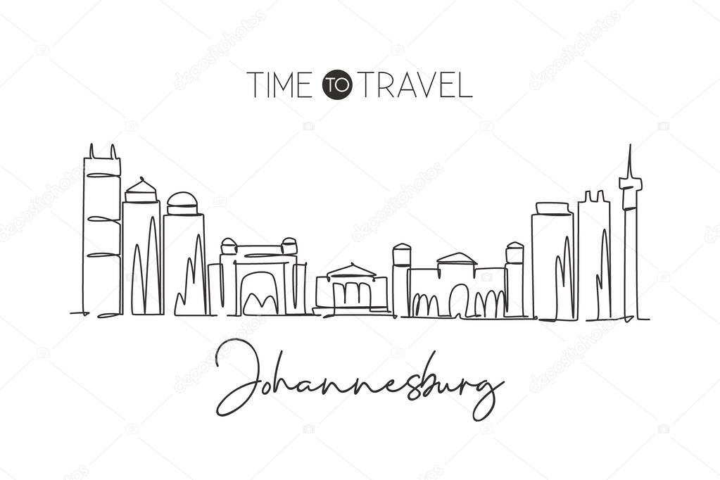 One single line drawing Johannesburg city skyline, South Africa. Historical place landscape postcard. Best holiday destination. Editable stroke trendy continuous line draw design vector illustration