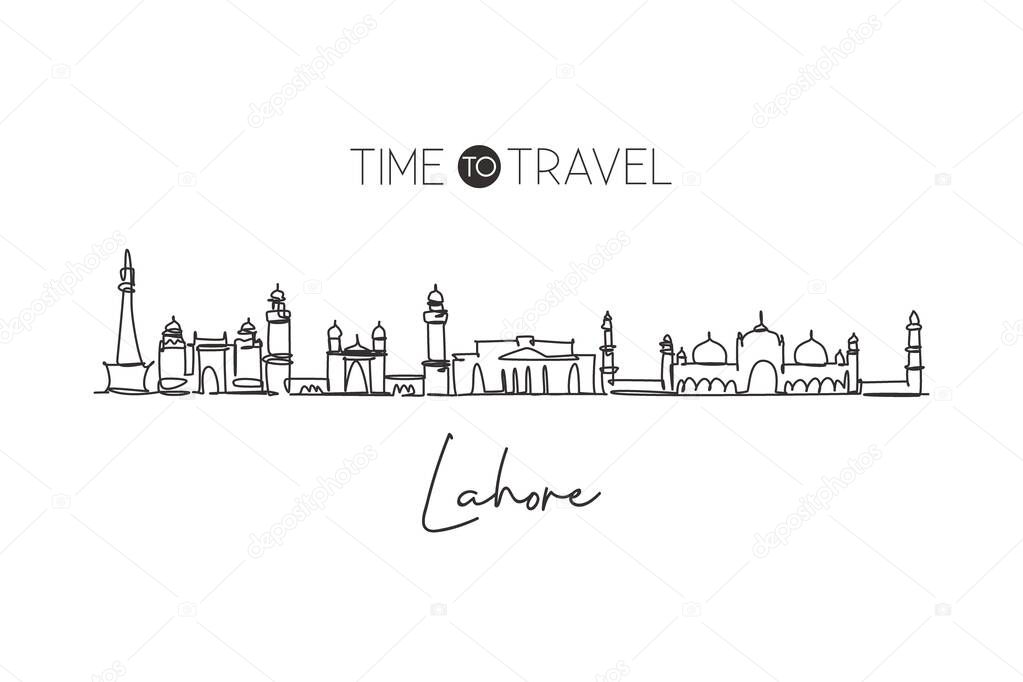 One continuous line drawing of Lahore city skyline, Pakistan. Beautiful city landmark. World landscape tourism and travel vacation. Editable stylish stroke single line draw design vector illustration