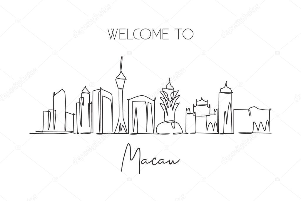 One single line drawing of Macau city skyline, China. Historical town landscape in the world. Best holiday destination. Editable stroke trendy continuous line draw design graphic vector illustration