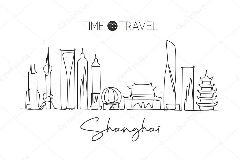 One continuous line drawing of Shanghai city skyline China. Beautiful landmark. World landscape tourism and travel vacation. Editable stylish stroke single line draw graphic design vector illustration