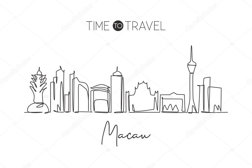 Single continuous line drawing of Macau city skyline, China. Famous city scraper and landscape home wall decor art poster print. World travel concept. Modern one line draw design vector illustration
