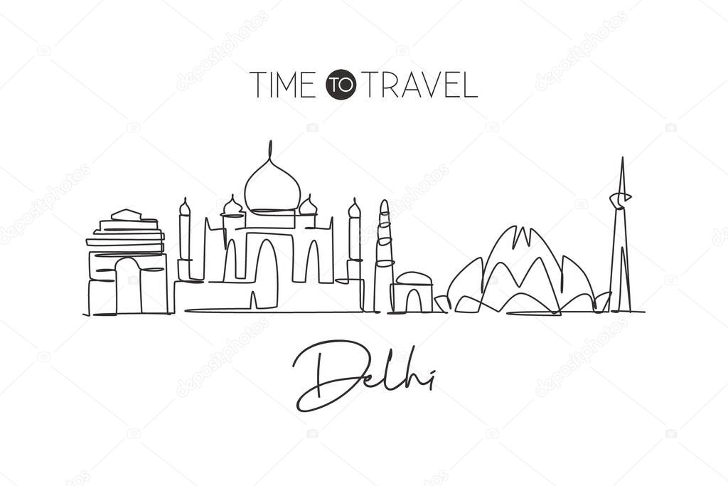 Single continuous line drawing of Delhi skyline, India. Famous city scraper landscape home wall decor art poster print. World travel concept. Modern one line draw graphic design vector illustration