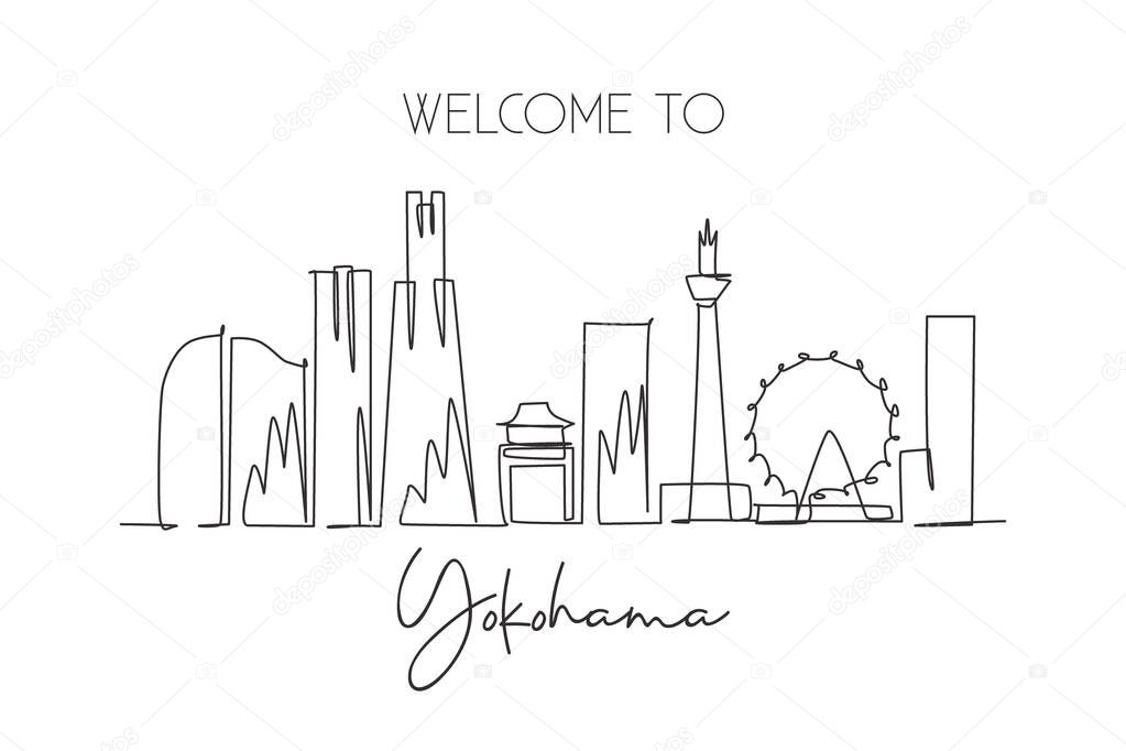 One continuous line drawing of Yokohama city skyline, Japan. Beautiful landmark. World landscape tourism and travel vacation poster. Editable stylish stroke single line draw design vector illustration