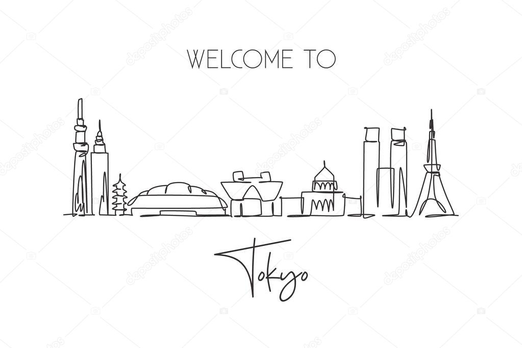 One continuous line drawing of Tokyo city skyline, Japan. Beautiful landmark. World landscape tourism and travel vacation poster. Editable stylish stroke single line draw design vector illustration