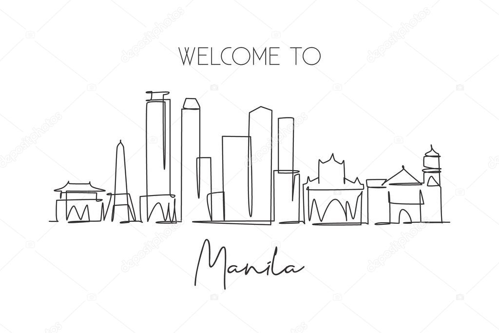 One single line drawing of Manila city skyline, Philippines. Historical town landscape in the world. Best holiday destination. Editable stroke trendy continuous line draw design vector illustration