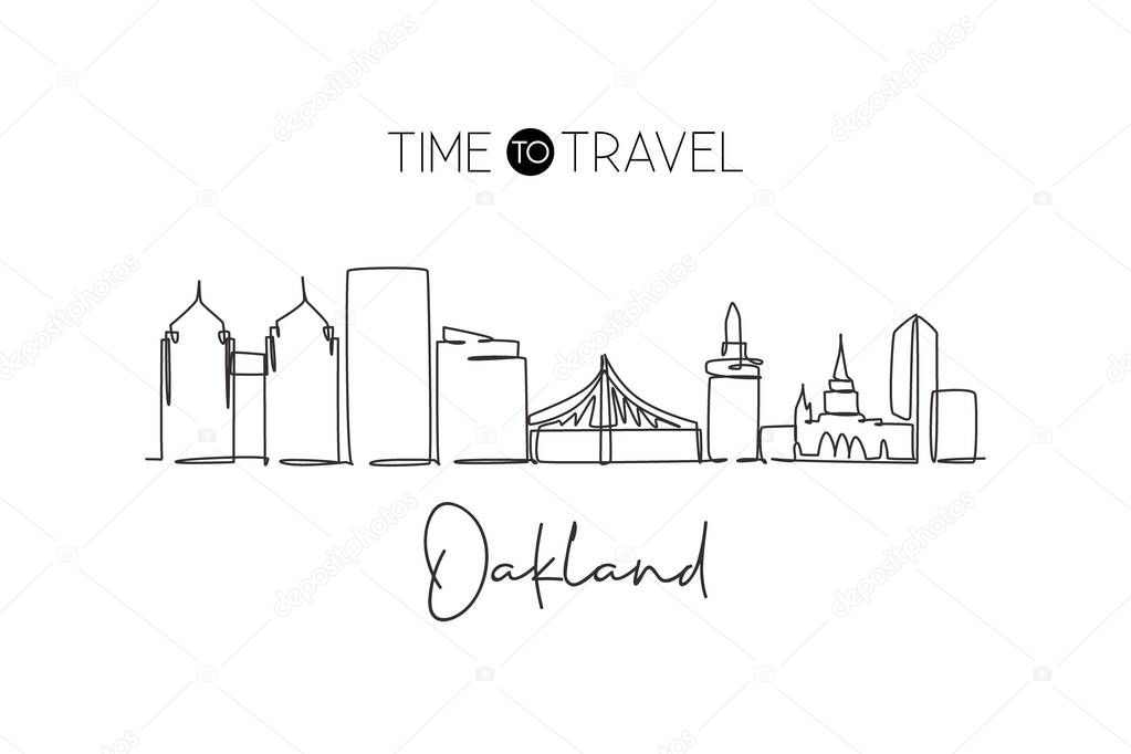 Single continuous line drawing of Oakland city skyline California. Famous city scraper landscape. World travel concept wall decor home art poster print. Modern one line draw design vector illustration