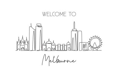 Avustralya 'nın Melbourne şehrinin siluetinin aralıksız bir çizimi. Güzel dönüm noktası. Dünya turizmi ve seyahat tatili. Düzenlenebilir tek çizgi çizimi tasarım vektörü illüstrasyonuName