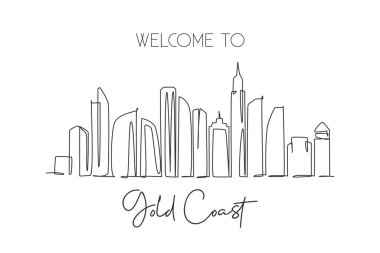 Avustralya 'da Gold Coast şehrinin siluetinin kesintisiz çizimi. Ünlü şehir manzarası. Dünya seyahati konsepti ev dekorasyonu poster baskısı. Modern bir çizgi çizimi tasarım vektörü çizimi