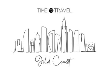 Tek bir çizgi Gold Coast City 'nin ufuk çizgisini çiziyor, Avustralya. Dünyanın tarihi şehir manzarası. En iyi tatil yeri posteri. Düzenlenebilir vuruş eğilimi sürekli çizgi çizim vektör çizimi illüstrasyonuName