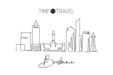 Avustralya 'nın Brisbane şehrinin siluetinin aralıksız bir çizimi. Güzel dönüm noktası. Dünya peyzaj turizmi tatil posteri. Düzenlenebilir tek çizgi çizimi tasarım vektörü illüstrasyonuName