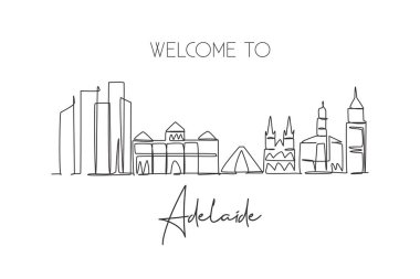 Tek bir çizgi Adelaide şehrinin ufuk çizgisini çiziyor, Avustralya. Tarihi kasaba manzarası. Tatil için en iyi ev dekorasyonu poster resimleri. Moda sürekli çizgi çizimi tasarım vektörü illüstrasyonu