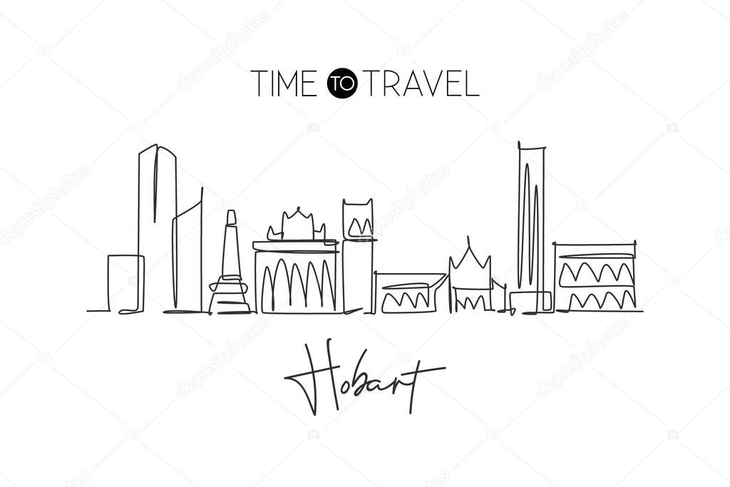 One single line drawing of Hobart city skyline, Australia. Historical town landscape in world. Best holiday destination poster. Editable stroke trendy continuous line draw design vector illustration