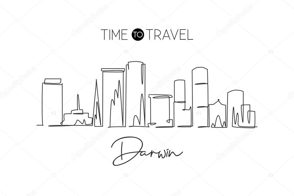 Single continuous line drawing Darwin city skyline, Australia. Famous city scraper and landscape. World travel concept home wall decor art poster print. Modern one line draw design vector illustration