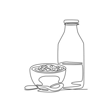 Lezzetli bir kase mısır gevreği ve bir şişe süt çeken bir satır. Sağlıklı kahvaltı şablonu kavramı. Modern tek çizgi tasarımı doğal gıda grafik çizimi çizimi