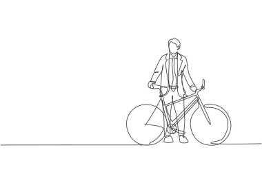 İşe yeni başlayan genç ve mutlu bir işçinin çizdiği tek bir çizim birlikte çalışan uzay vektör çizimine bisikletle gitmesi. Sağlıklı banliyö yaşam tarzı konsepti. Modern sürekli çizgi çizimi tasarımı