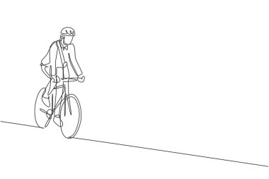 Bisiklet süren genç profesyonel işadamını şirketine çeken tek sıra. İşe bisikletle gitmek, çevre dostu ulaşım konsepti. Bir satır tasarım grafik vektör illüstrasyonu