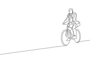 İşe yeni başlayan genç ve mutlu bir işçinin çizdiği tek bir çizim birlikte çalışan uzay vektör çizimine bisikletle gitmesi. Sağlıklı banliyö yaşam tarzı konsepti. Modern sürekli çizgi çizimi tasarımı