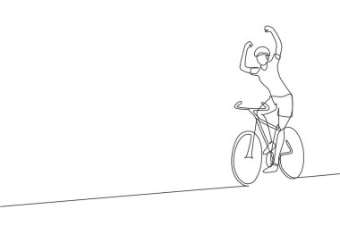 Genç çevik bisikletçinin sürekli çizdiği tek çizgi bitiş çizgisine ulaşırken ellerini kaldırıyor. Spor yaşam tarzı konsepti. Yarış tanıtım ortamı için bir satır çizimi tasarım vektör illüstrasyonu