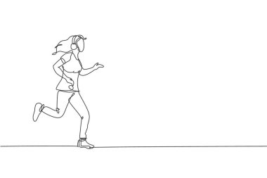 Genç mutlu koşucu kadının çizdiği tek bir çizgi kulaklık vektör çizimi ile müzik dinlerken rahatlar. Sağlıklı yaşam tarzı ve eğlenceli spor anlayışı. Modern sürekli çizgi çizimi tasarımı