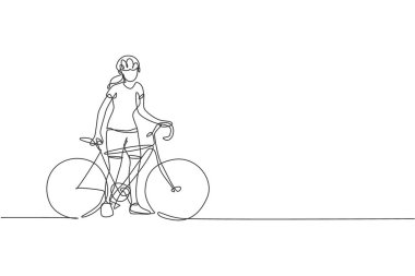 Yol kenarında arkadaşını bekleyen genç ve sportif bir bisiklet yarışçısı çizgisi. Yol bisikletçisi konsepti. Bisiklet sporu posteri için dinamik tek çizgi çizimi tasarım vektörü çizimi çizimi