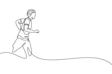 Genç sporcu koşucunun sürekli çizdiği çizgiler kırsalda rahatça koşuyor. Sağlıklı yaşam tarzı ve eğlenceli koşu sporu konsepti. Dinamik tek çizgi tasarım grafik vektör çizimi