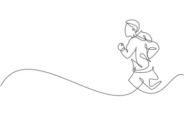 Genç mutlu koşucunun dayanıklılık vektör illüstrasyonunu geliştirmek için yaptığı tek bir çizim. Sağlıklı yaşam tarzı ve rekabetçi spor anlayışı. Modern sürekli çizgi çizimi tasarımı
