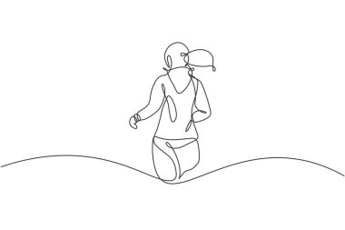 Koşu pistinde koşan genç ve mutlu bir koşucunun çizdiği tek çizgi. Eğlenceli spor koşusu ve sağlıklı yaşam tarzı konsepti. Moda bir çizgi tasarım vektörü grafik çizimi