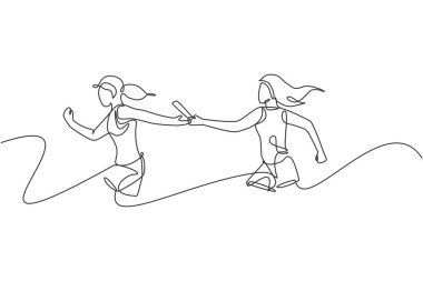 Genç mutlu koşucu bayanların çizdiği tek bir çizgi yarış grafik çiziminde arkadaşına cop çubuğu uzatır. Sağlıklı yaşam tarzı ve rekabetçi spor anlayışı. Modern sürekli çizgi çizimi tasarımı