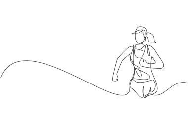 Koşu pistinde koşan genç ve mutlu bir koşucunun çizdiği tek çizgi. Eğlenceli spor koşusu ve sağlıklı yaşam tarzı konsepti. Bir satır tasarım vektörü çizimi grafiği