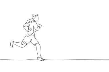 Dayanıklılık vektör illüstrasyonunu geliştirmek için kapüşonlu spor giyen genç mutlu koşucunun çizdiği tek bir çizgi. Sağlıklı yaşam tarzı ve rekabetçi spor anlayışı. Modern sürekli çizgi çizimi tasarımı